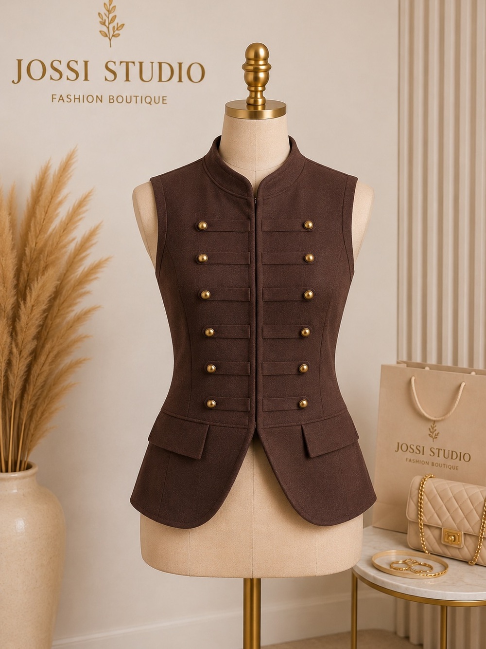 Women's Military-Style Sleeveless Jacket in Dark Brown